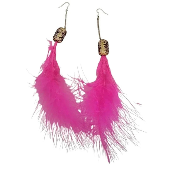 Fuchsia Bead Carved Pink Feather Duster Chain Earrings - Picture 1 of 2